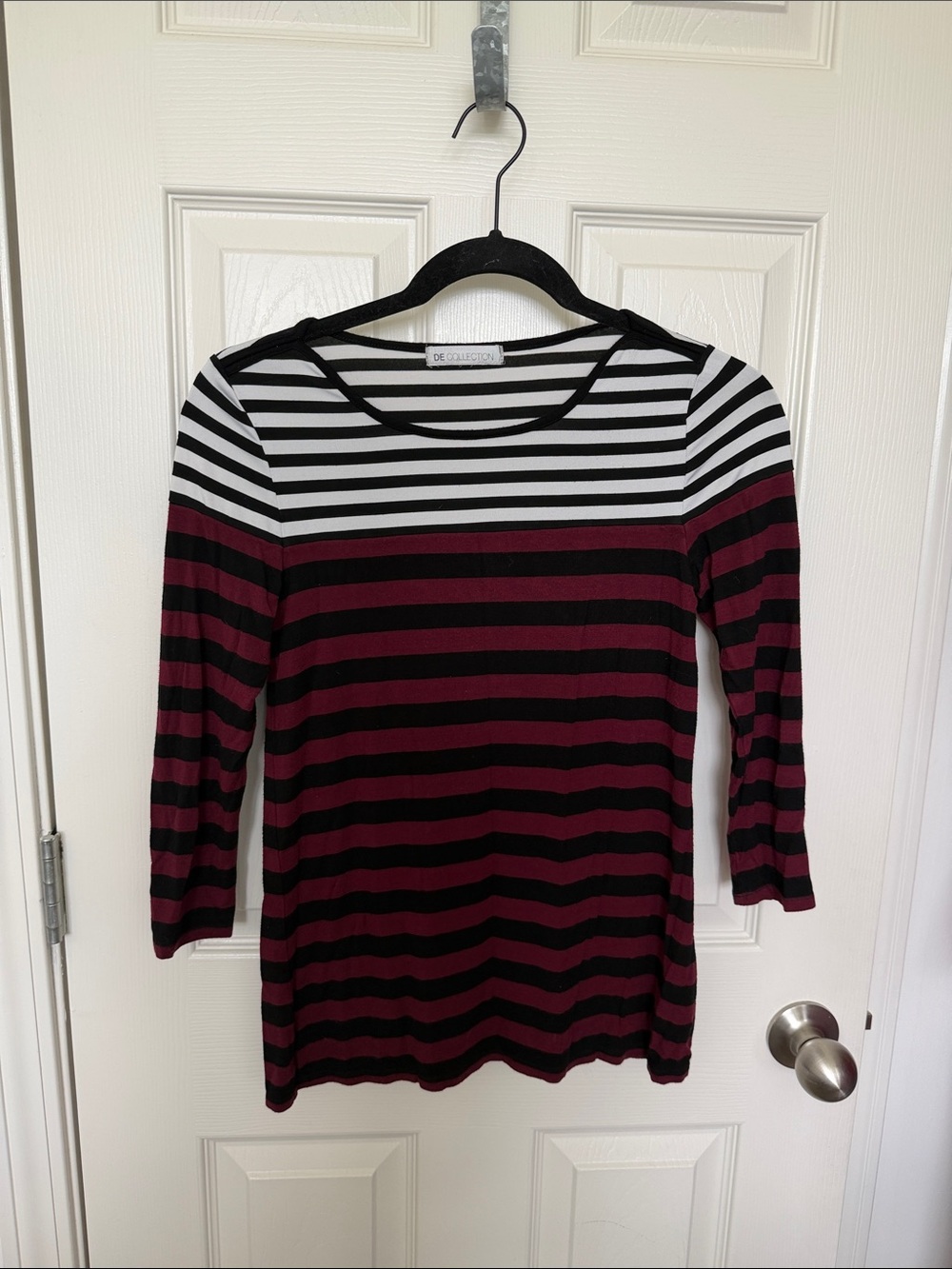 SD Collection Striped Scoop Neck Long Sleeve Top in Black, White & Burgundy